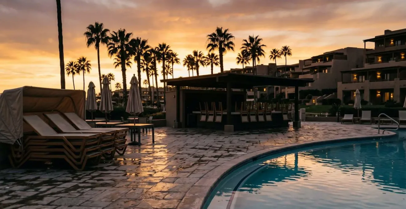 Piscine de resort au crépuscule avec transats empilés suggérant la fin de saison