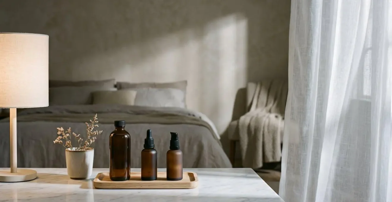 Ambiance nocturne apaisante avec produits de soin disposés près d'une fenêtre