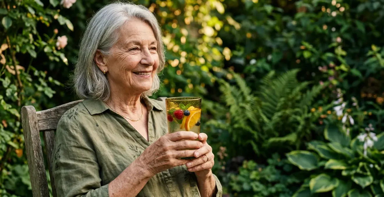 Senior souriant tenant un verre coloré d'eau infusée aux fruits dans un jardin ombragé