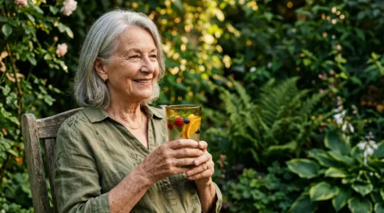 Senior souriant tenant un verre coloré d'eau infusée aux fruits dans un jardin ombragé