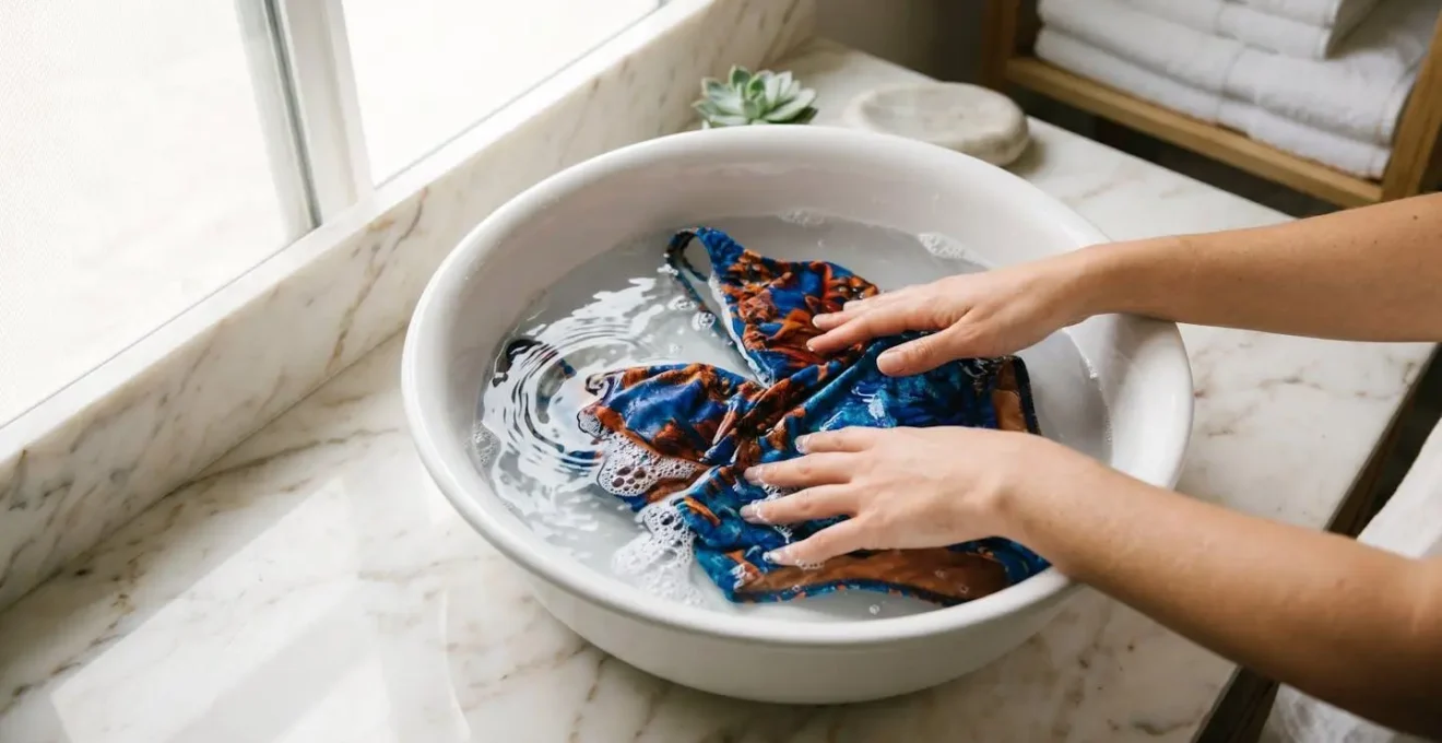 Mains féminines rinçant délicatement un maillot de bain coloré dans une bassine d'eau claire