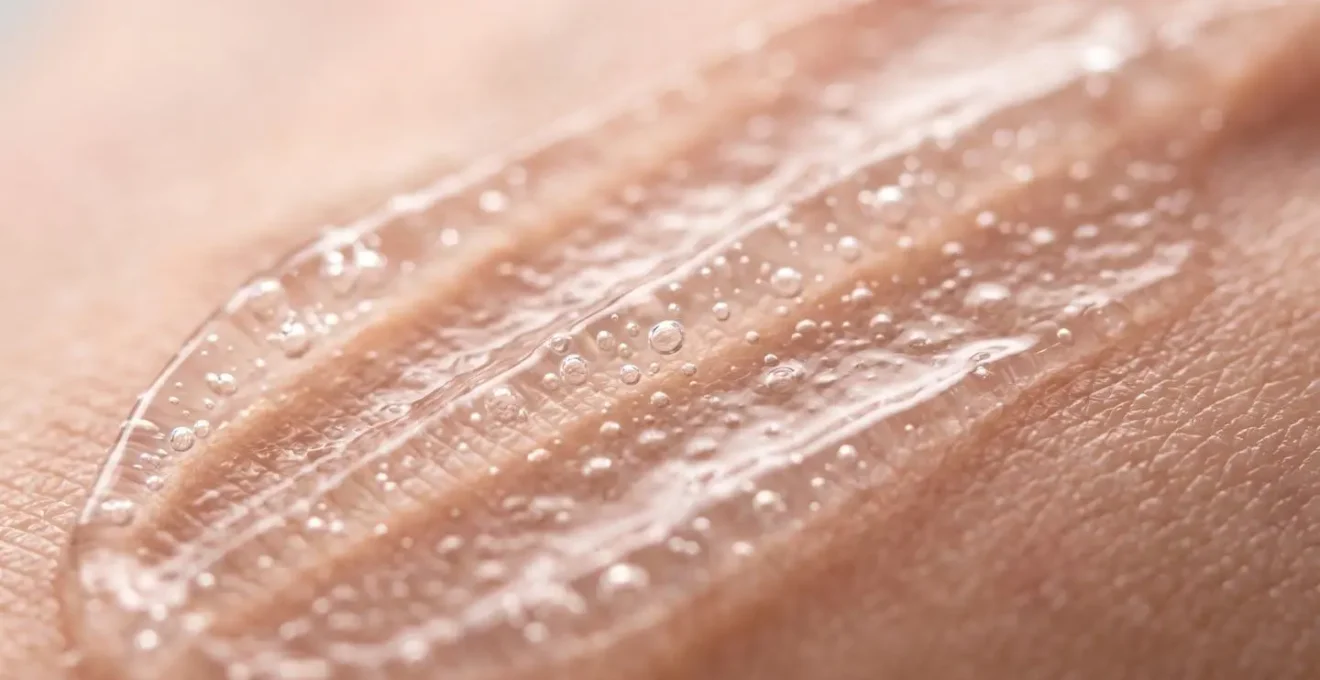Vue macro d'une texture cosmétique légère et transparente sur peau