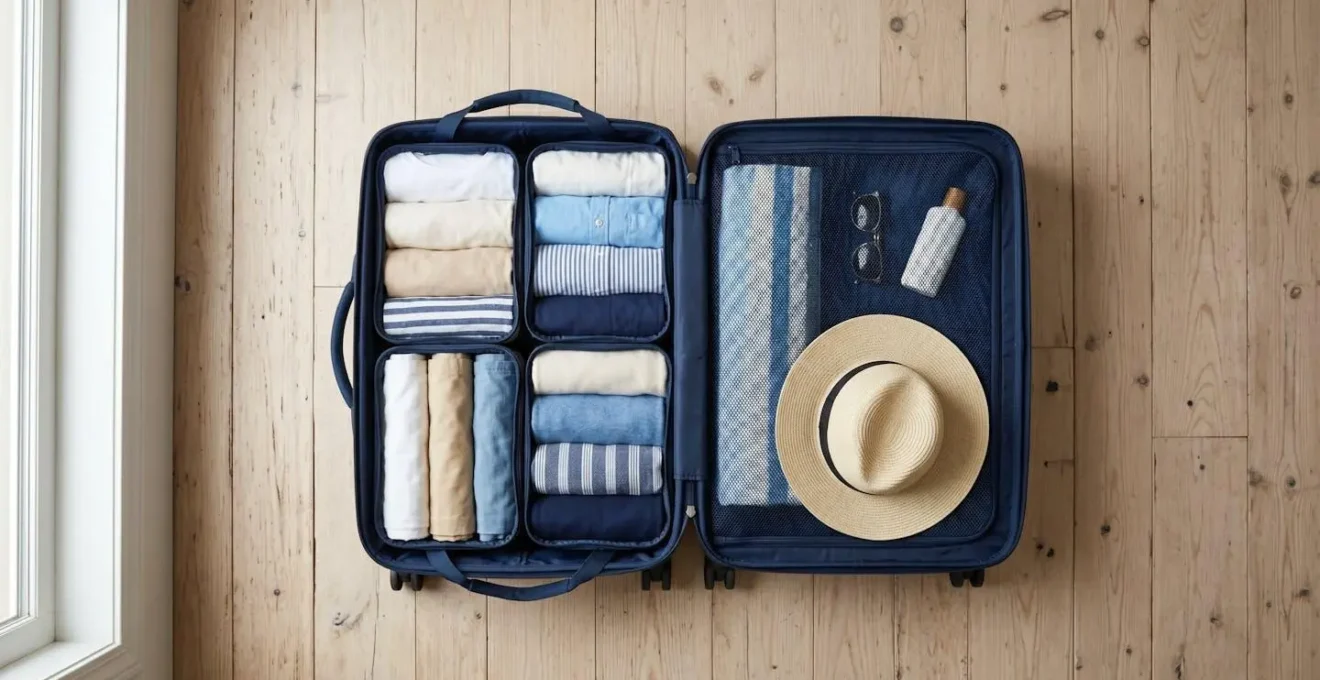 Vue en plongée d'une valise ouverte parfaitement organisée avec vêtements roulés et compartiments