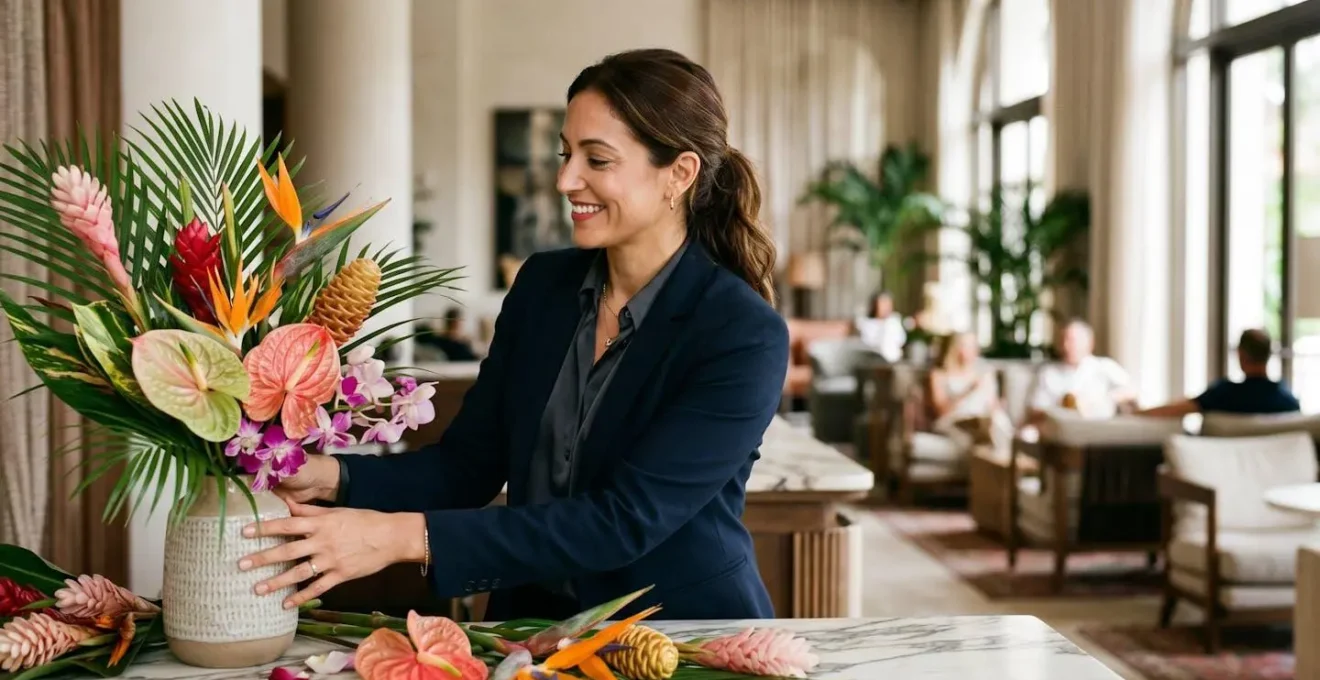 Hall d'hôtel de luxe avec concierge arrangeant des fleurs tropicales sur un comptoir en marbre