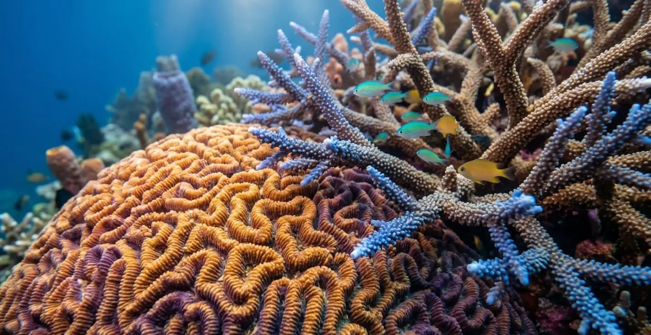 Vue macro d'un récif corallien multicolore avec poissons tropicaux dans une eau cristalline