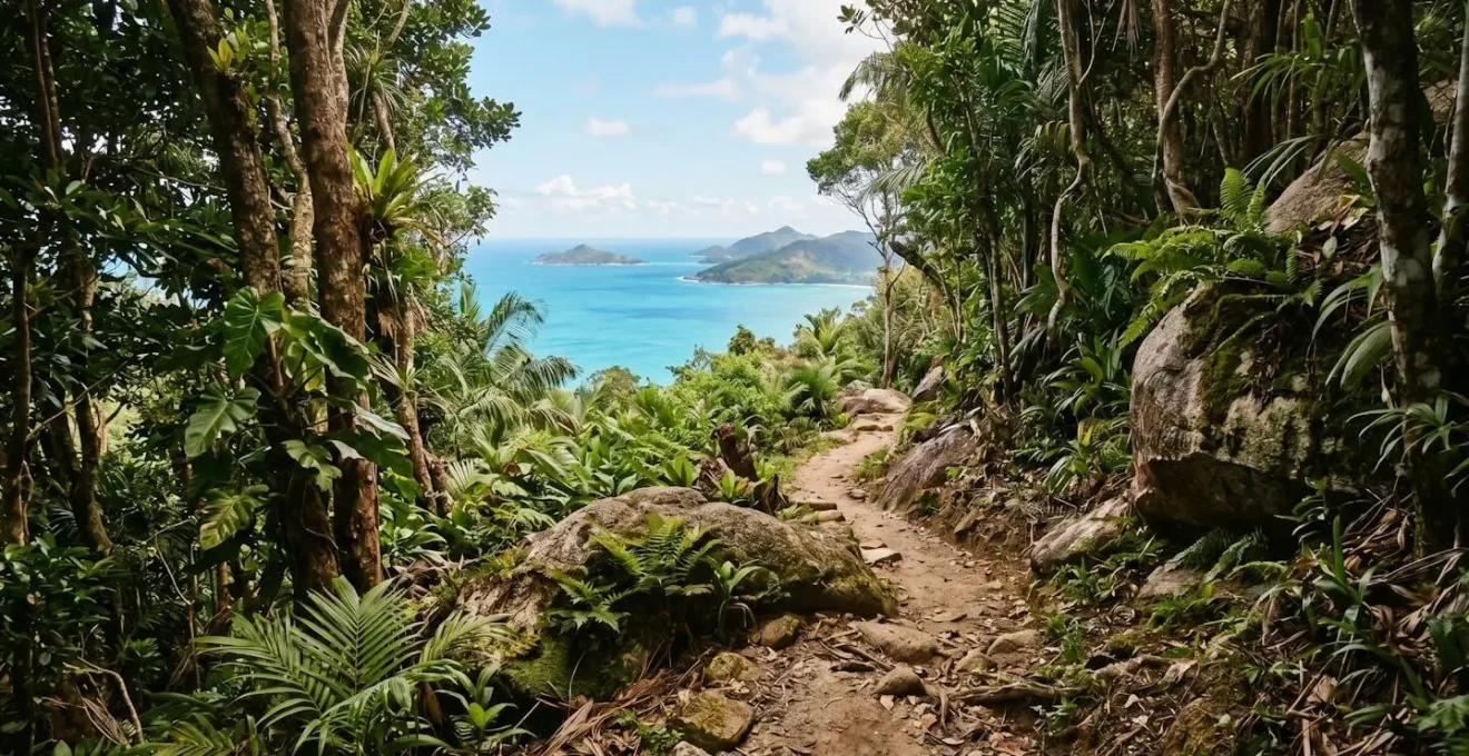 Sentier de randonnée tropicale aux Seychelles avec vue panoramique sur l'océan turquoise